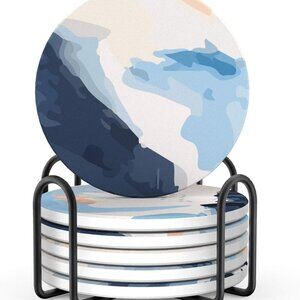 Coasters Set of 6 Absorbent Drink Coasters with Holder, Watercolor Marble Sandst